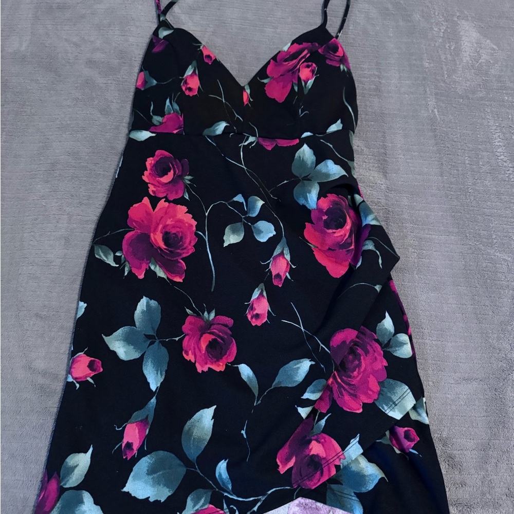 Floral Black Dress with Pink and Blue Accents